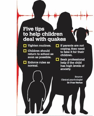 An infographic giving tips on helping children deal with earthquakes. The five tips include: tighten routines; children should return to schools as soon as possible; enforce rules as normal; if parents are not coping, they need to fake it for their children; seek professional help if the child has high levels of anxiety.