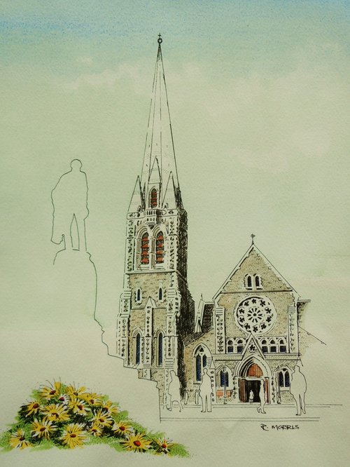 A digital copy of a pen and ink and watercolour painting by Raymond Morris, titled, 'Christ Church Cathedral 2'. Morris has rendered the painting so the spire of the cathedral is simply an outline, to represent the damage it suffered in the 22 February earthquake