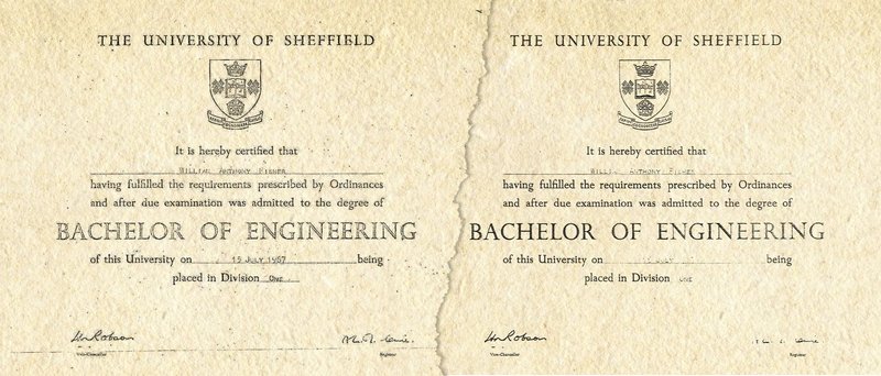 A side-by-side comparison of Gerald Shirtcliff's degree (left), which is a copy of William Fisher's (right). The two documents are identical, except the left looks more faded, and the name and date is harder to make out.