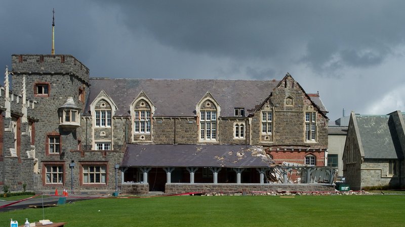 A photo of the Julius and Harper Houses at Christ's College School. The awning on the building has collapsed as a result of the February earthquake.