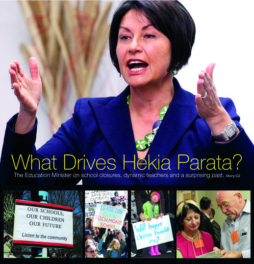 Caption from QuakeStudies: "The front page graphic for the Mainlander section of The Press. The main headline reads, "What drives Hekia Parata?"" It shows Parata from the chest up, mouth open speaking and hands extended, gesturing. Along the bottom of the infographic are four images of various other involved people or signs that are in protest of Parata's proposals. The three signs read, from left to right, "OUR SCHOOLS, OUR CHILDREN, OUR FUTURE. Listen to the community." and "PLEASE DON'T CLOSE RICHMOND SCHOOL." and a child holding a sign saying "Will bigger classes benefit me?" The fourth image has two people wearing orange name badges looking down at a document together.